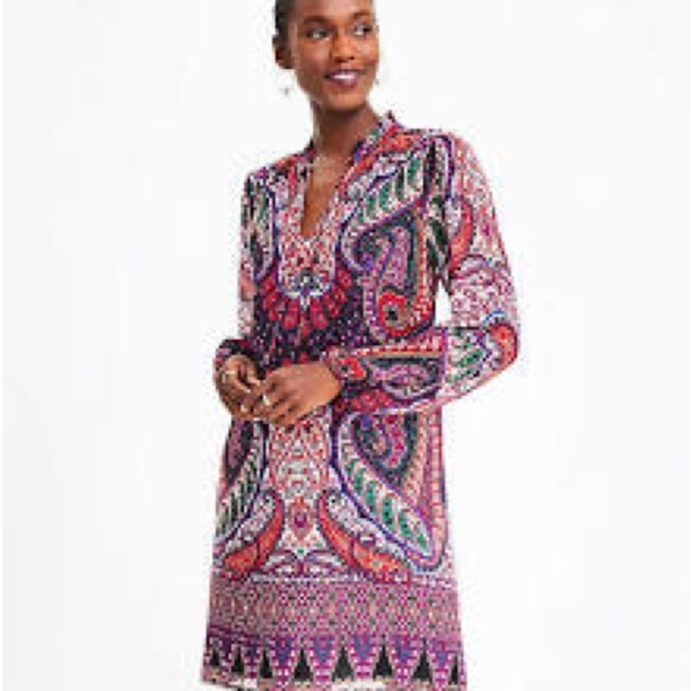 Loft Paisley Tie Neck Swing Dress Size xs Smooth Stone Women's